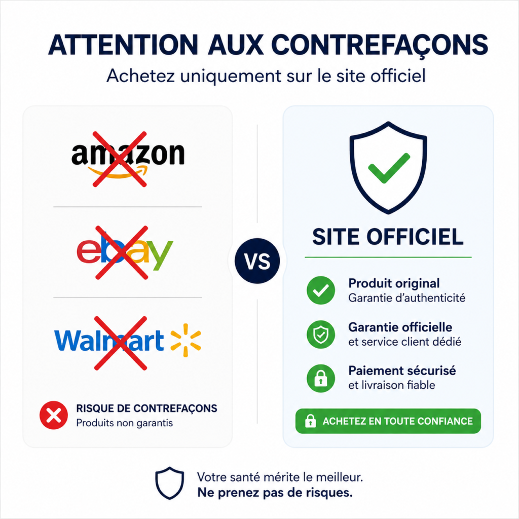 Infographie d'avertissement contre les contrefaçons de MedicGLP comparant les risques des marketplaces comme Amazon, eBay et Walmart avec les garanties du site officiel.