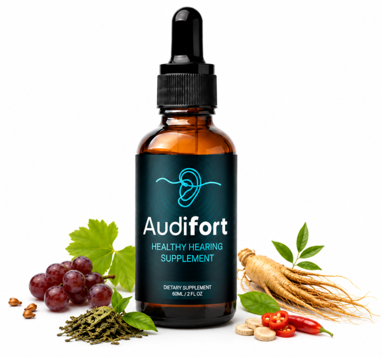 Official bottle of Audifort liquid hearing support supplement with a dropper for daily dosage.