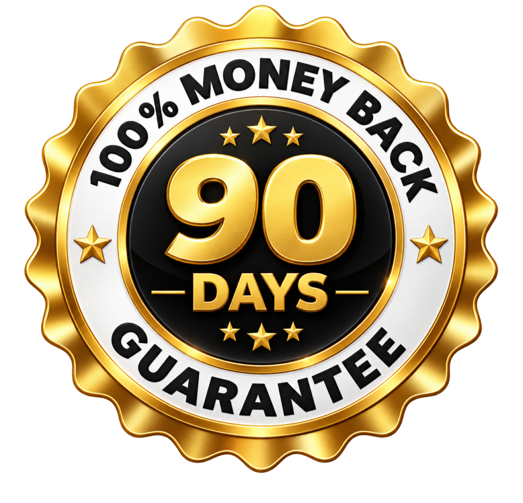 Official 90-day 100% money-back guarantee seal for risk-free