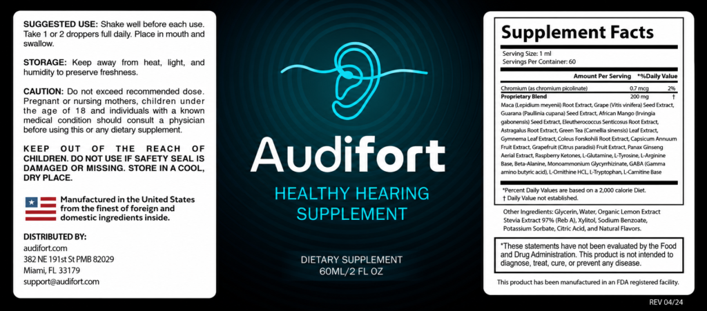 Official supplement facts label of Audifort showing ingredients list, dosage, and natural plant extracts.