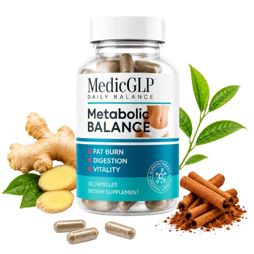 Flacon du complément alimentaire MedicGLP pour la gestion du poids et le contrôle de l'appétit, présenté sur un fond épuré.