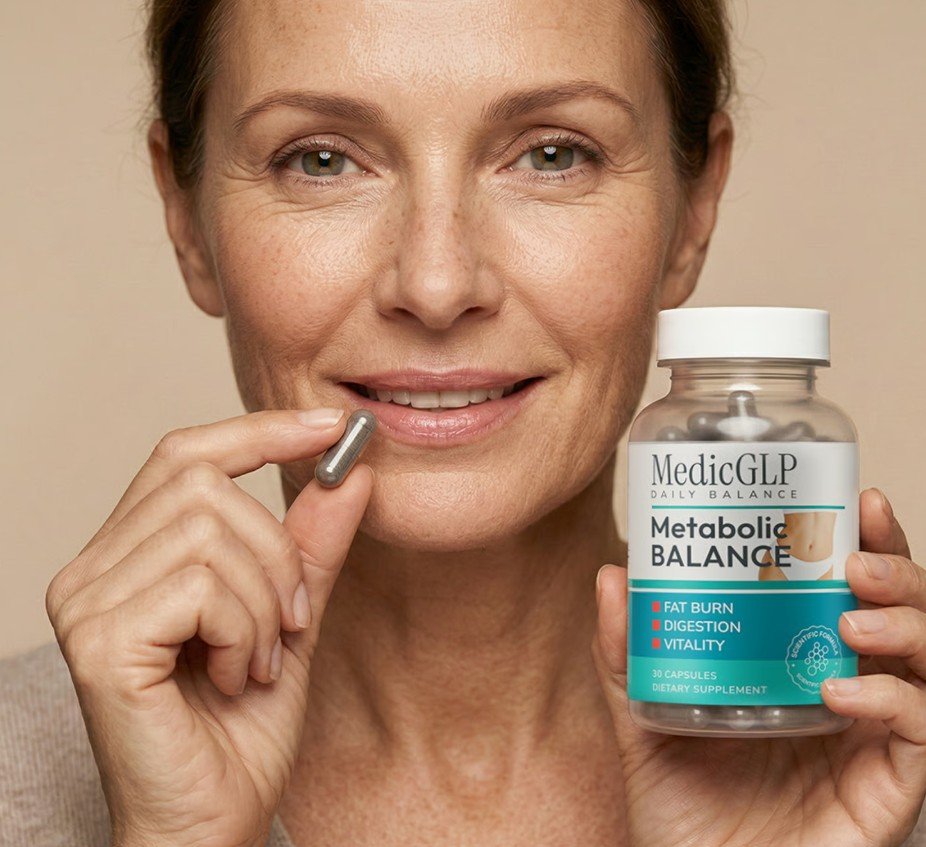 Une femme mûre souriante tenant une gélule près de sa bouche et présentant le flacon du complément alimentaire MedicGLP Metabolic Balance.