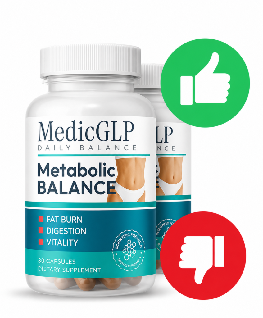 Graphique des avantages et inconvénients du complément MedicGLP Metabolic Balance avec un pouce vert vers le haut et un pouce rouge vers le bas.