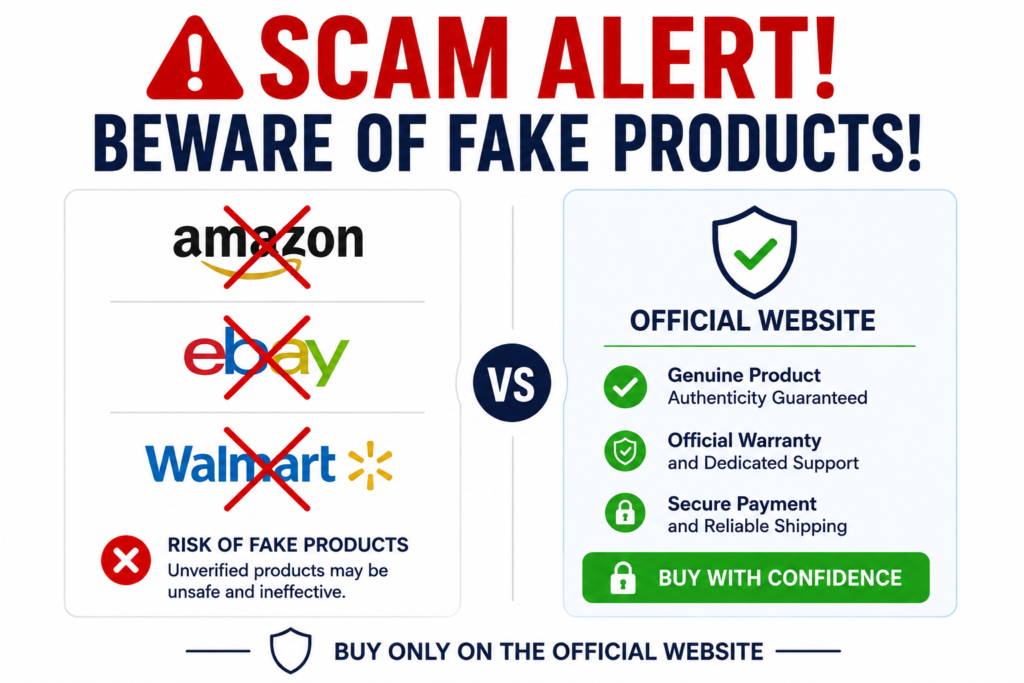 Scam alert image warning against fake products on Amazon, eBay, and Walmart versus genuine items on the official website.