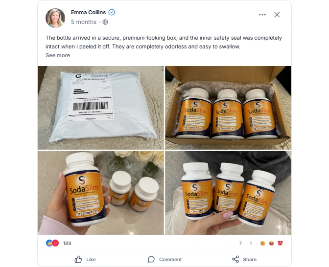 SodaSlim weight management supplement customer testimonial featuring product bottles, packaging, and a social media review about delivery and capsule appearance.