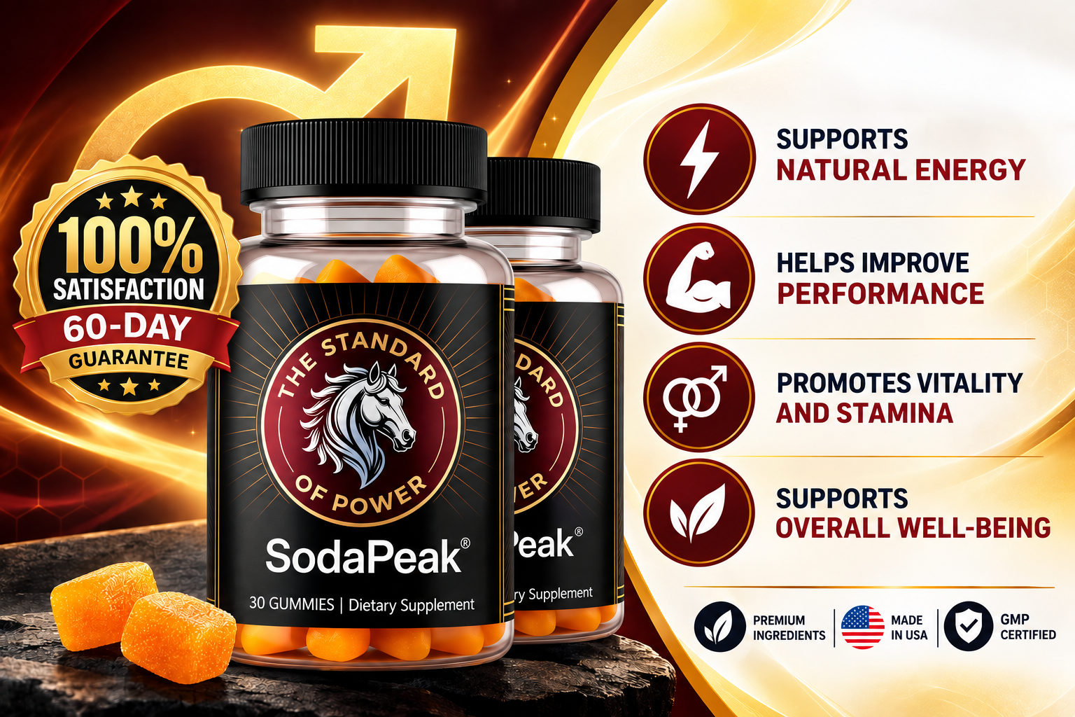 SodaPeak 60-day money-back guarantee banner featuring a 100% satisfaction badge and refund policy information
