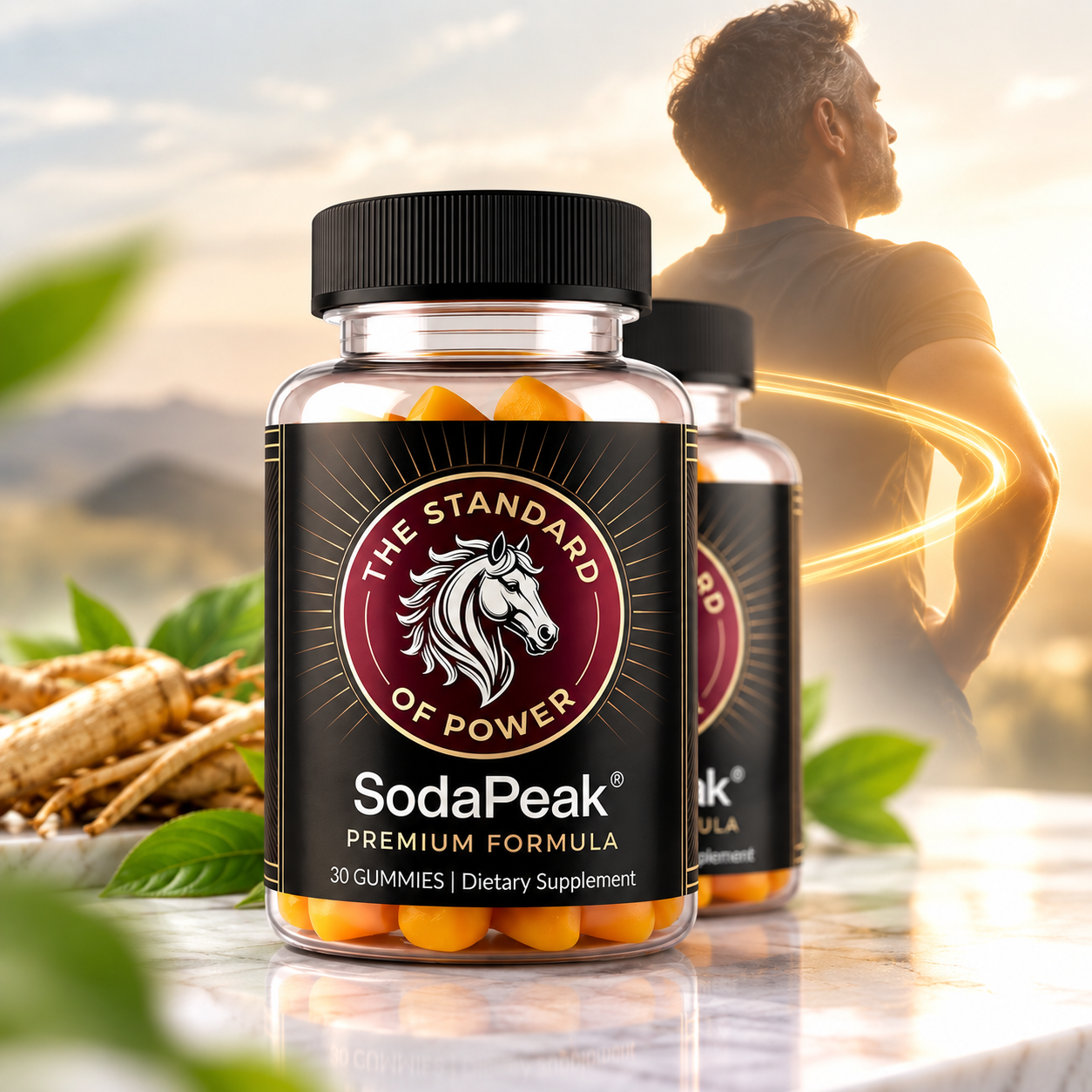 SodaPeak gummies bottle displayed beside dumbbells and green leaves, highlighting the male vitality supplement