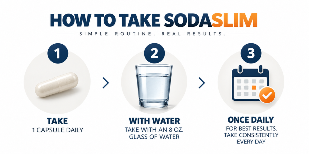 SodaSlim weight loss supplement usage guide showing one capsule taken with an 8 oz. glass of water once daily.