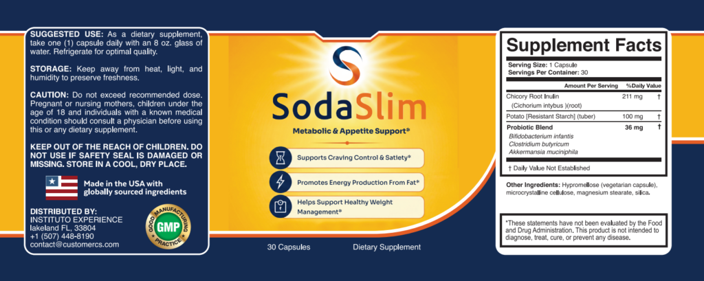 SodaSlim dietary supplement label showing Supplement Facts, suggested use, storage instructions, ingredients, and product information for 30 capsules.