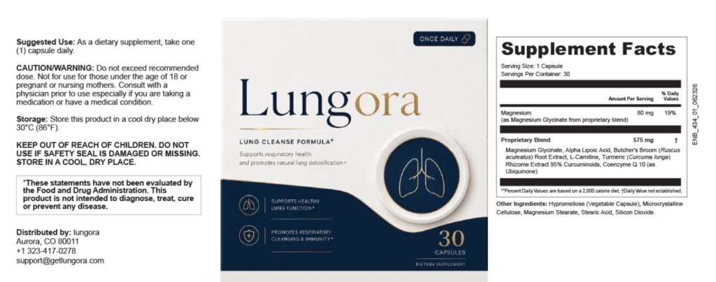 Lungora lung support supplement label showing Supplement Facts, proprietary blend ingredients, suggested use, safety warnings, and 30-capsule product packaging.