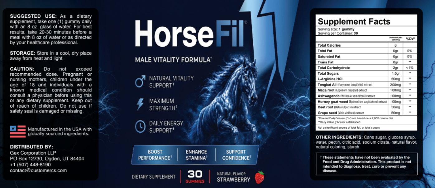HorseFil supplement label showing Supplement Facts, suggested use and ingredients