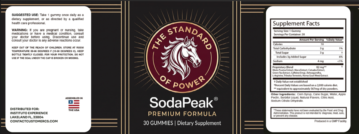 SodaPeak supplement label showing Supplement Facts, suggested use, storage instructions, ingredients, and product information