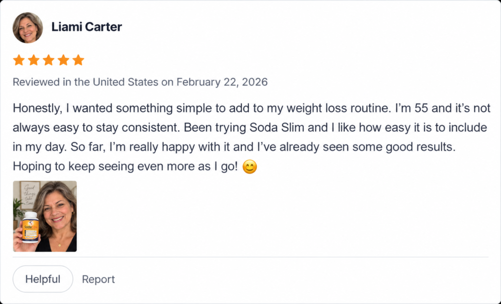 SodaSlim weight loss supplement customer testimonial featuring a five-star review and a customer holding a bottle of SodaSlim capsules.