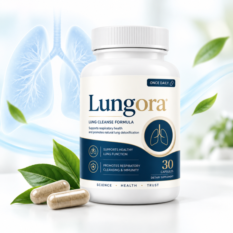 Lungora lung cleanse supplement bottle with capsules, green leaves, and a lung illustration in the background.