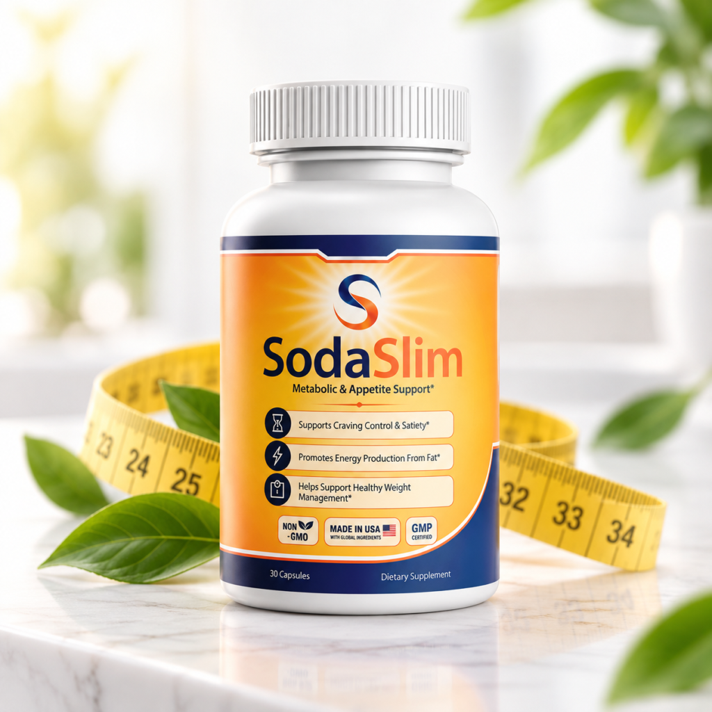 SodaSlim weight loss capsules bottle displayed beside a measuring tape and green leaves, highlighting the weight management supplement.