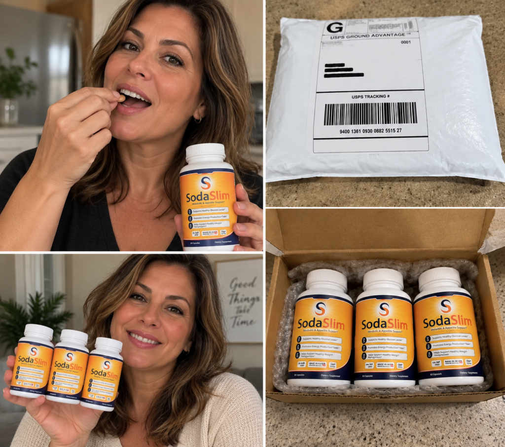 SodaSlim weight loss supplement customer testimonial collage showing a woman taking a capsule, holding product bottles, and receiving a package of SodaSlim capsules.