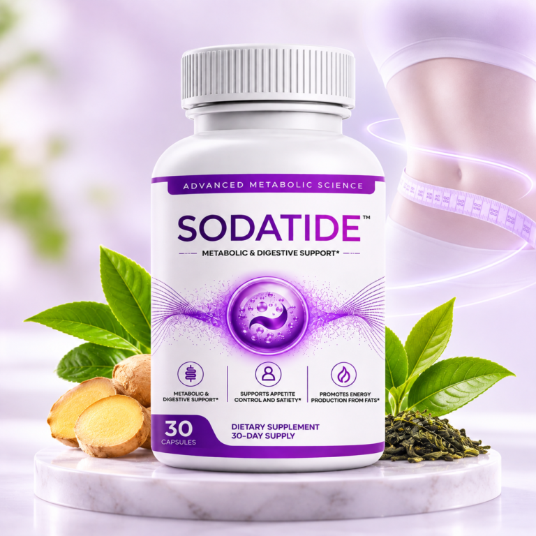 Sodatide dietary supplement bottle for metabolic and digestive support with ginger, green tea leaves, and a measuring tape background.