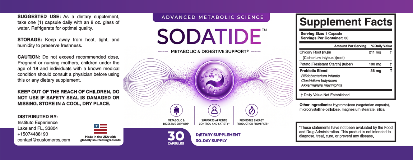 SodaTide Supplement Facts label showing ingredients and suggested use